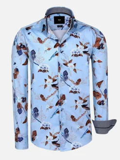 Burano Blue Floral Print Overhemd Lange Mouw