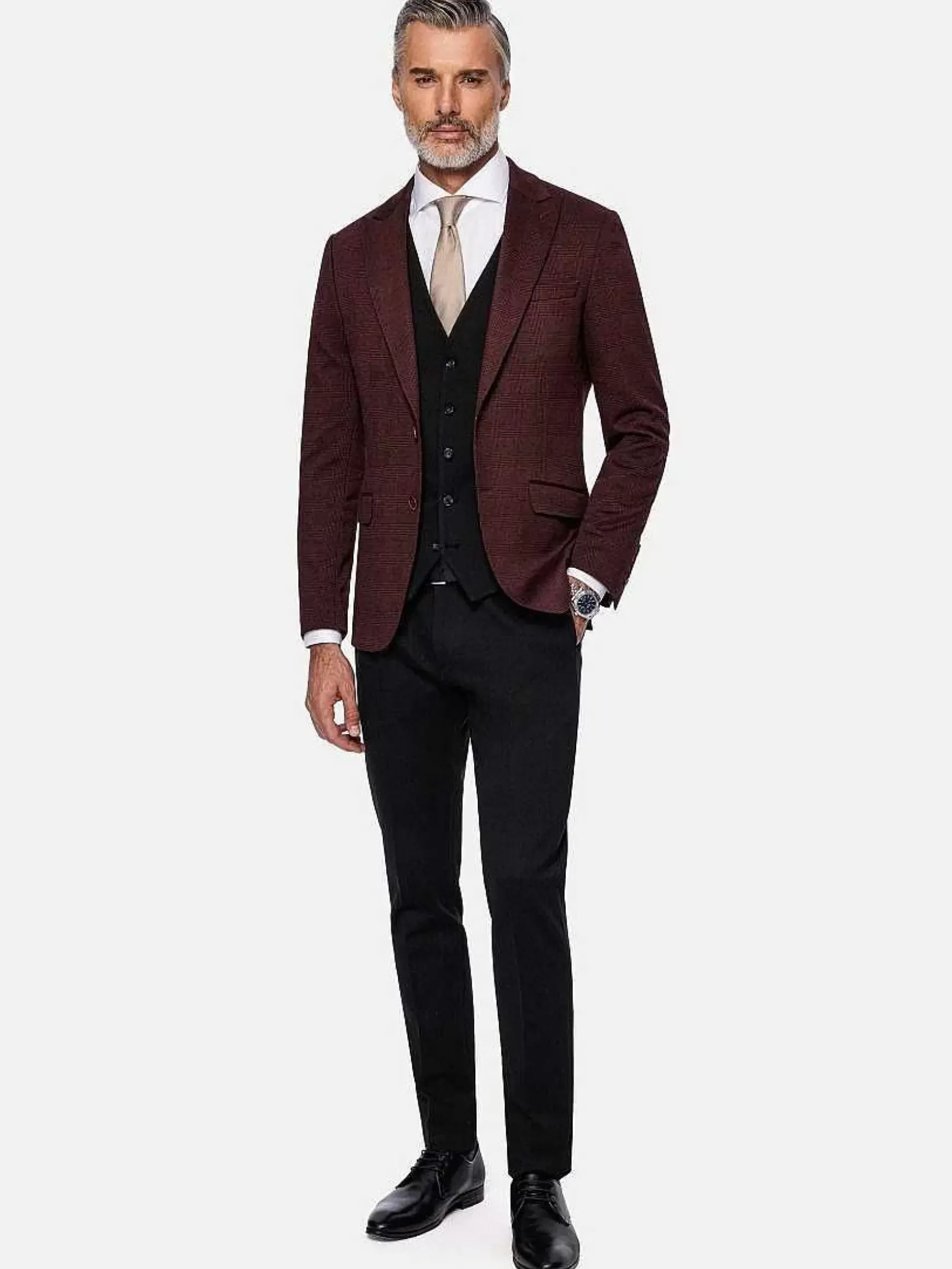 Red Wood Glen Check Slim Fit Dark Red Black Suit Gilet