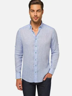 Redention Linen Blue Overhemd Lange Mouw