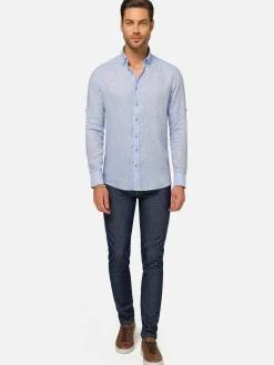 Redention Linen Blue Overhemd Lange Mouw