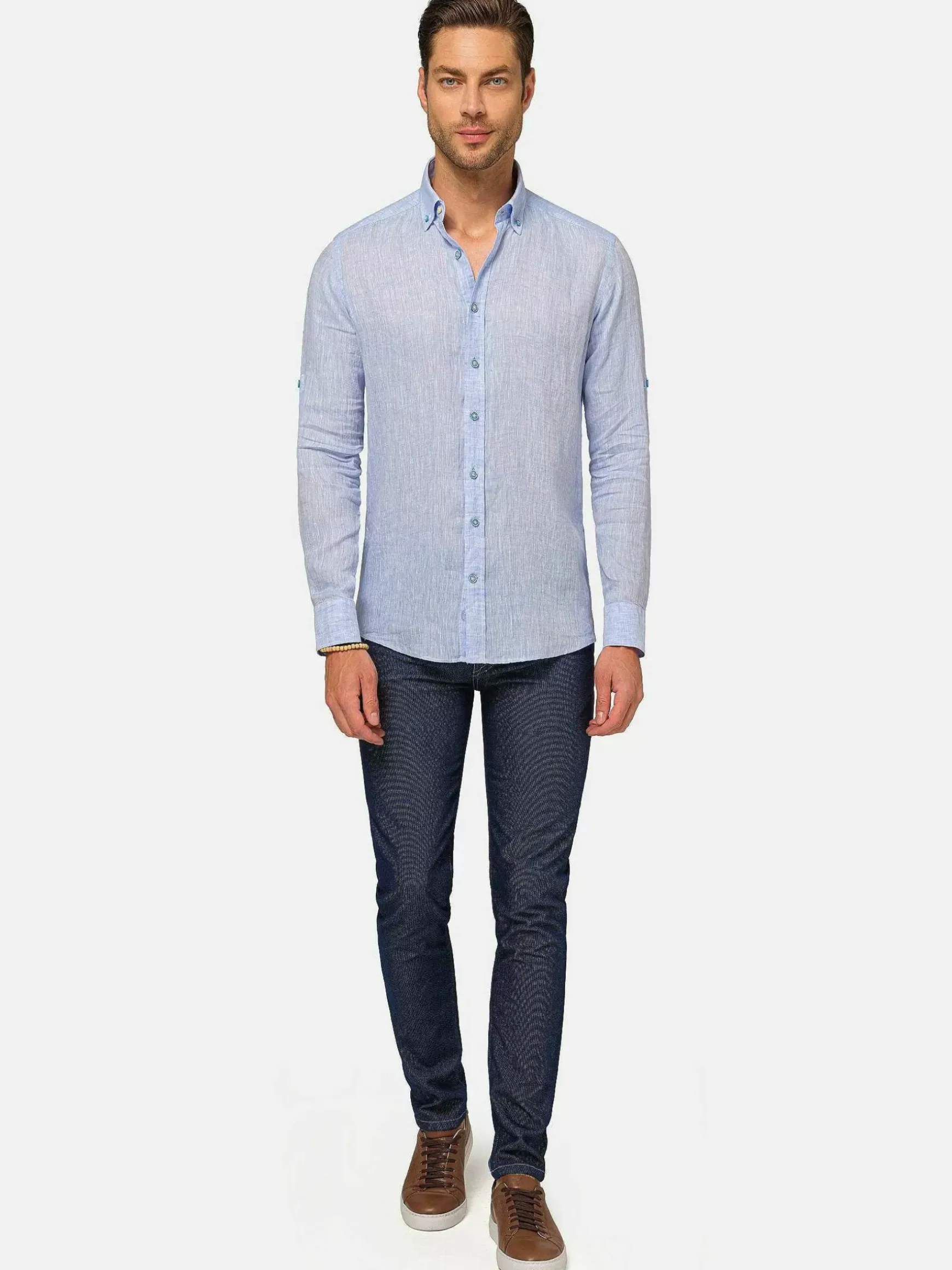 Redention Linen Blue Overhemd Lange Mouw