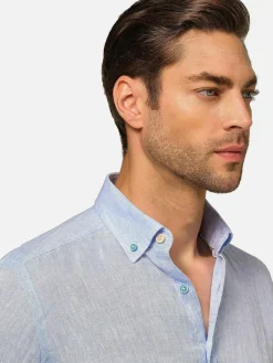 Redention Linen Blue Overhemd Lange Mouw